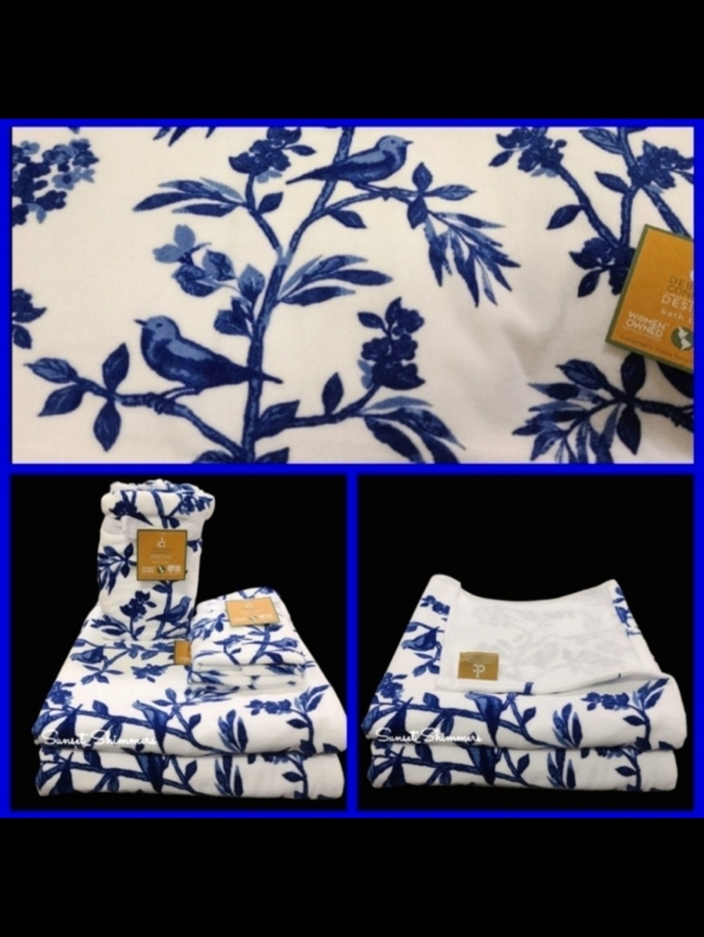 6pc Floral Song Bird Toile Velour Bath Hand Tip Towel Set Deborah Connolly
